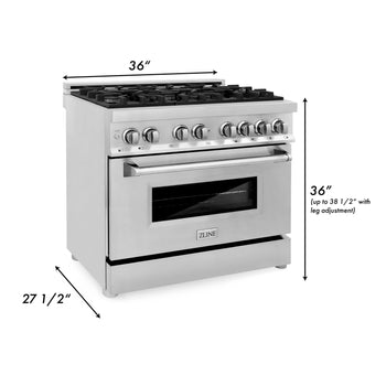 ZLINE 36" Stainless Steel Kitchen Package with Dual Fuel Range, Range Hood, Microwave Drawer, and Tall Tub Dishwasher