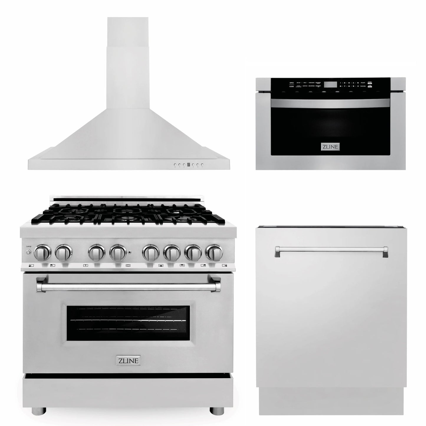 ZLINE 36" Stainless Steel Kitchen Package with Dual Fuel Range, Range Hood, Microwave Drawer, and Tall Tub Dishwasher