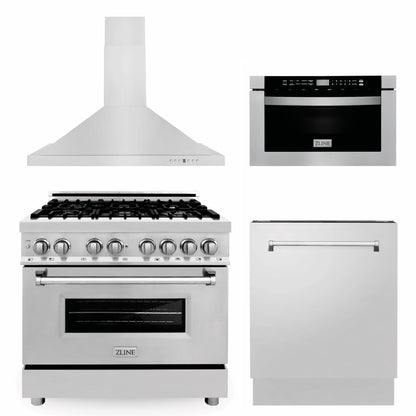ZLINE 36" Stainless Steel Kitchen Package with Dual Fuel Range, Range Hood, Microwave Drawer, and Tall Tub Dishwasher