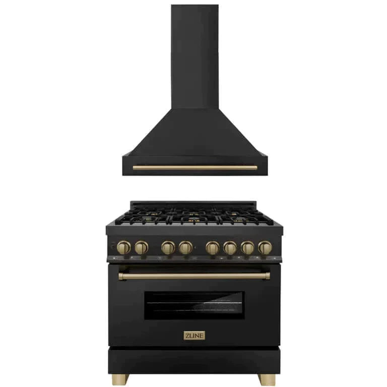 ZLINE 2-Appliance 36" Autograph Edition Kitchen Package with Black Stainless Steel Dual Fuel Range and Range Hood with Champagne Bronze Accents