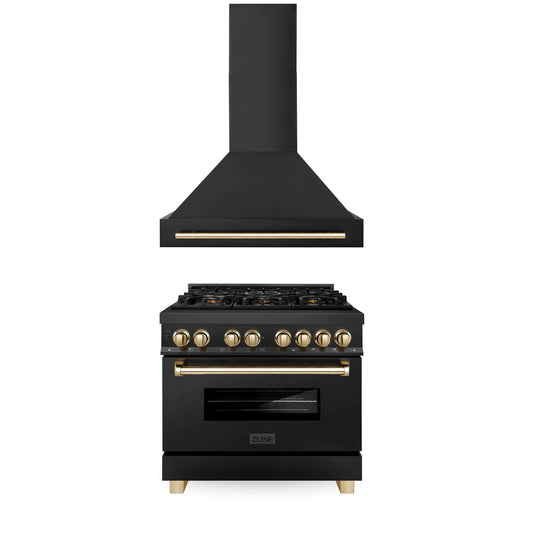 ZLINE 2-Appliance 36" Autograph Edition Kitchen Package with Black Stainless Steel Dual Fuel Range and Range Hood with Polished Gold Accents