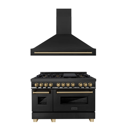 ZLINE 2-Appliance 48" Autograph Edition Kitchen Package with Black Stainless Steel Dual Fuel Range and Range Hood with Champagne Bronze Accents