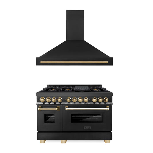 ZLINE 2-Appliance 48" Autograph Edition Kitchen Package with Black Stainless Steel Dual Fuel Range and Range Hood with Polished Gold Accents