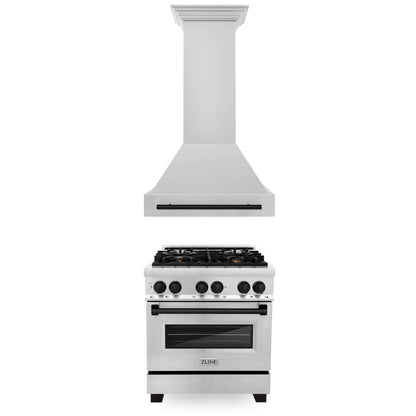 ZLINE 2-Appliance 30" Autograph Edition Kitchen Package with Stainless Steel Dual Fuel Range and Range Hood with Matte Black Accents