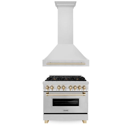 ZLINE 2-Appliance 36" Autograph Edition Kitchen Package with Stainless Steel Dual Fuel Range and Range Hood with Polished Gold Accents