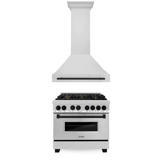 ZLINE 2-Appliance 36" Autograph Edition Kitchen Package with Stainless Steel Dual Fuel Range and Range Hood with Matte Black Accents