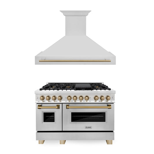 ZLINE 2-Appliance 48" Autograph Edition Kitchen Package with Stainless Steel Dual Fuel Range and Range Hood with Champagne Bronze Accents