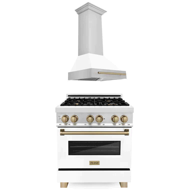 ZLINE 2-Appliance 30" Autograph Edition Kitchen Package with Stainless Steel Dual Fuel Range with Matte White Door and Range Hood with Champagne Bronze Accents