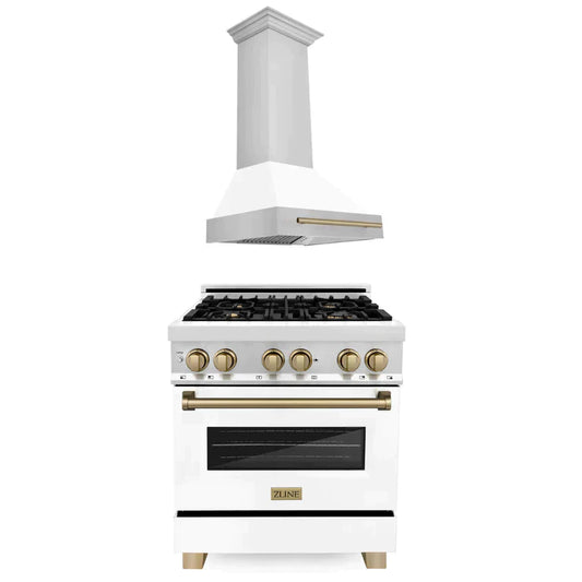 ZLINE 2-Appliance 30" Autograph Edition Kitchen Package with Stainless Steel Dual Fuel Range with Matte White Door and Range Hood with Champagne Bronze Accents