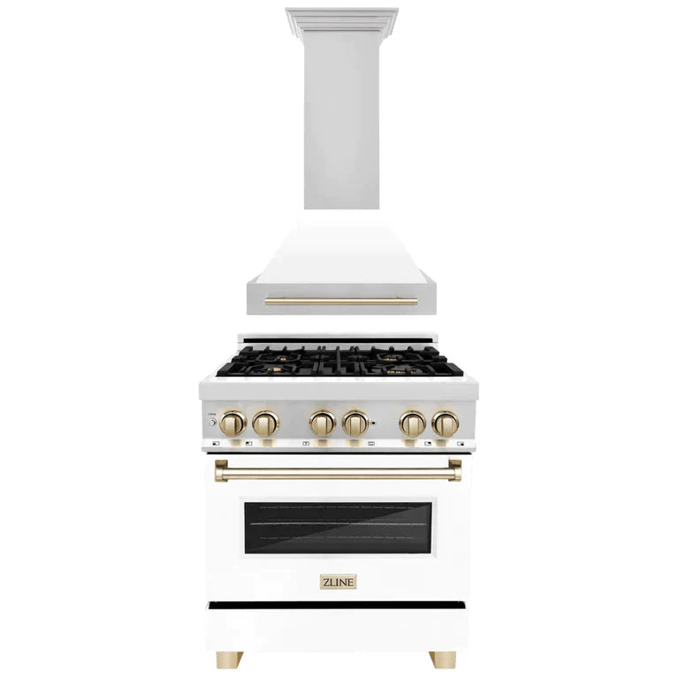 ZLINE 2-Appliance 30" Autograph Edition Kitchen Package with Stainless Steel Dual Fuel Range with Matte White Door and Range Hood with Polished Gold Accents