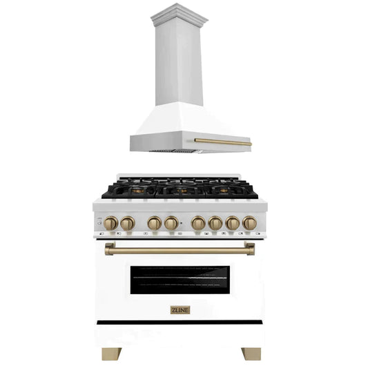 ZLINE 2-Appliance 36" Autograph Edition Kitchen Package with Stainless Steel Dual Fuel Range with Matte White Door and Range Hood with Champagne Bronze Accents