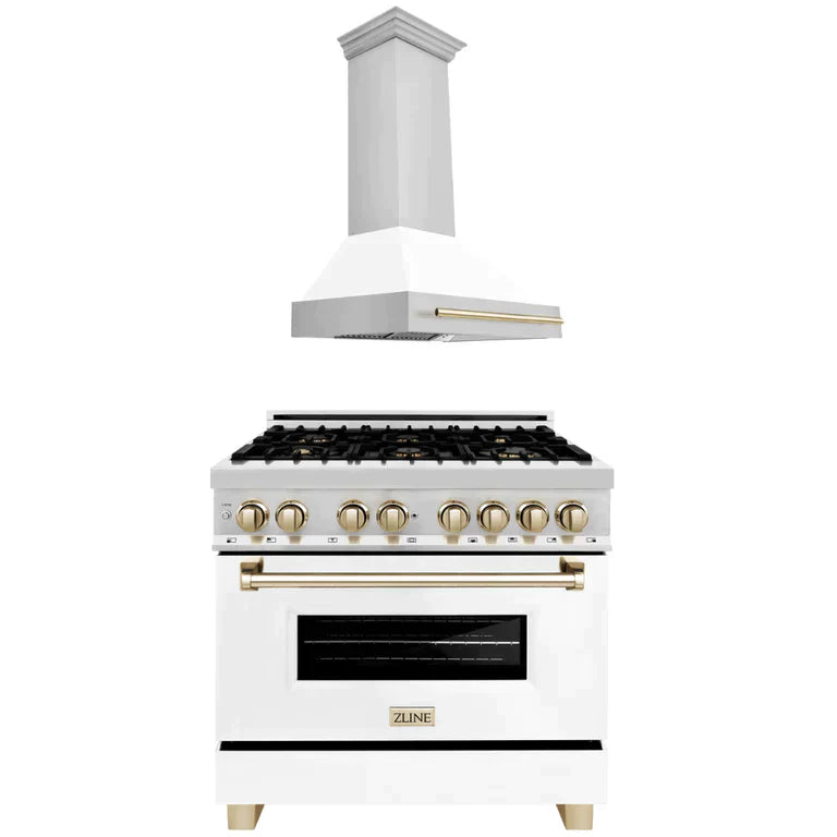 ZLINE 2-Appliance 36" Autograph Edition Kitchen Package with Stainless Steel Dual Fuel Range with Matte White Door and Range Hood with Polished Gold Accents