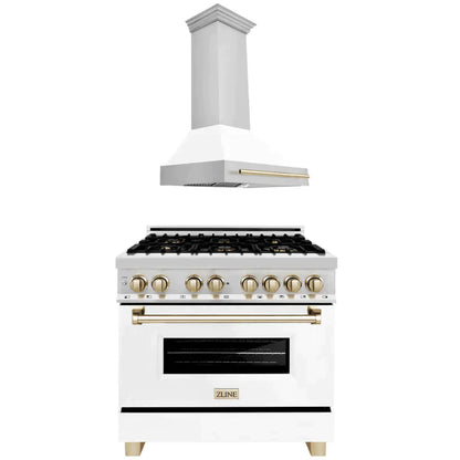 ZLINE 2-Appliance 36" Autograph Edition Kitchen Package with Stainless Steel Dual Fuel Range with Matte White Door and Range Hood with Polished Gold Accents