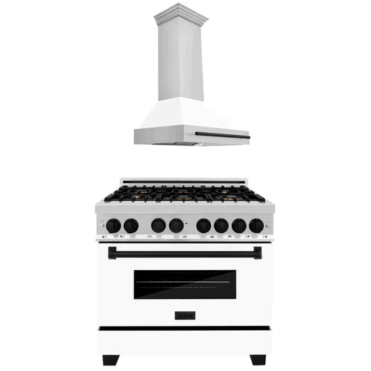ZLINE 2-Appliance 36" Autograph Edition Kitchen Package with Stainless Steel Dual Fuel Range with Matte White Door and Range Hood with Matte Black Accents