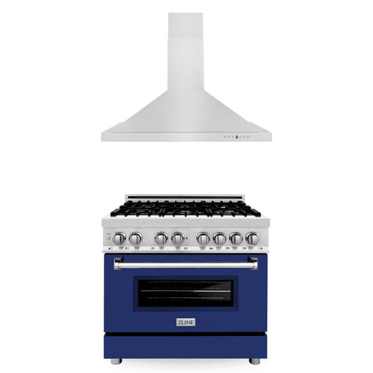 ZLINE 2-Appliance 36" Kitchen Package with Stainless Steel Dual Fuel Range with Glossy Blue Door and Convertible Vent Range Hood