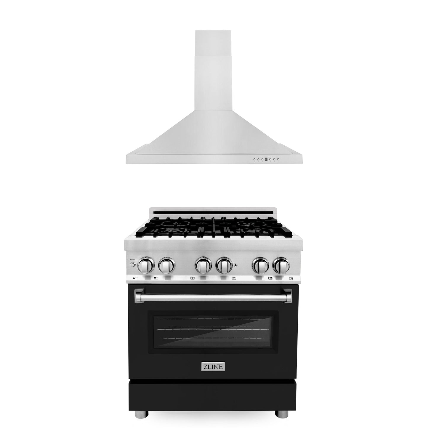ZLINE 30" 2-Appliance Kitchen Package with Stainless Steel Dual Fuel Range with Matte Black Door & Convertible Vent Range Hood
