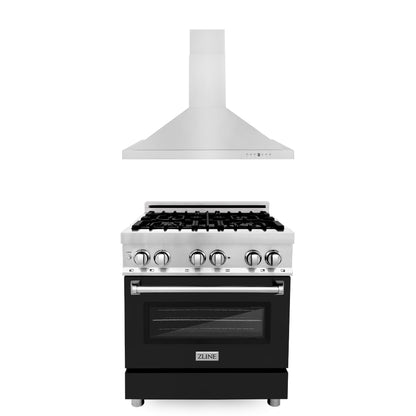 ZLINE 30" 2-Appliance Kitchen Package with Stainless Steel Dual Fuel Range with Matte Black Door & Convertible Vent Range Hood