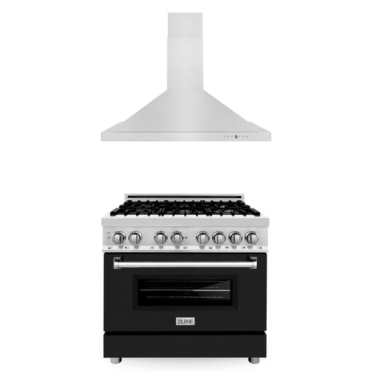 ZLINE 36" 2-Appliance Kitchen Package with Stainless Steel Dual Fuel Range with Matte Black Door & Convertible Vent Range Hood