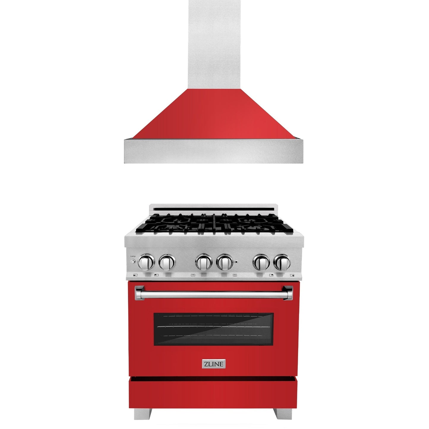ZLINE 2-Appliance 30" Kitchen Package with DuraSnow Stainless Steel Dual Fuel Range with Matte Red Door and Convertible Vent Range Hood