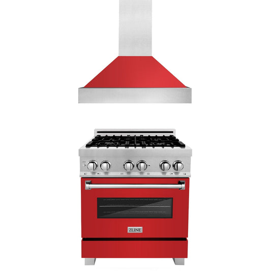 ZLINE 2-Appliance 30" Kitchen Package with DuraSnow Stainless Steel Dual Fuel Range with Matte Red Door and Convertible Vent Range Hood