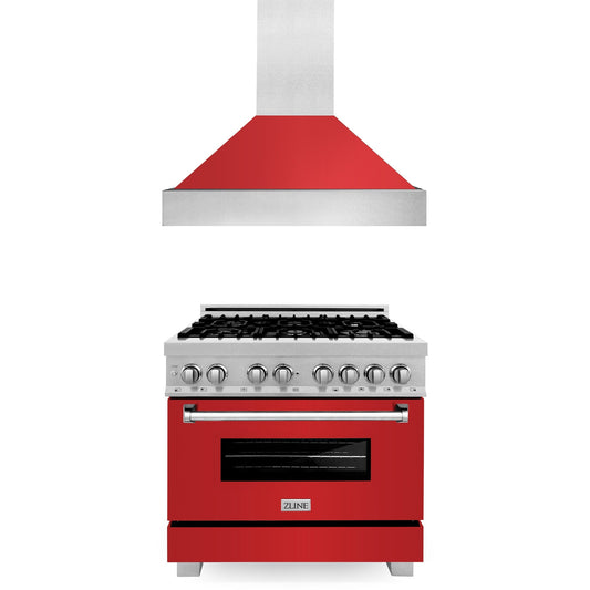 ZLINE 2-Appliance 36" Kitchen Package with DuraSnow Stainless Steel Dual Fuel Range with Glossy Red Door and Convertible Vent Range Hood