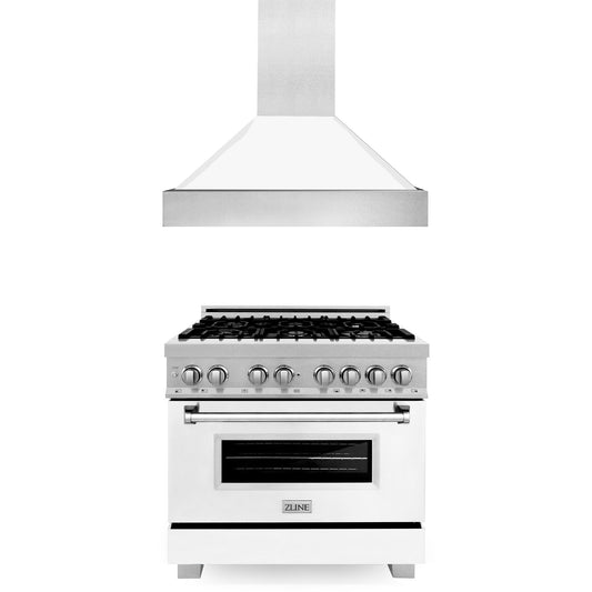 ZLINE 2-Appliance 36" Kitchen Package with DuraSnow Stainless Steel Dual Fuel Range with Matte White Door and Convertible Vent Range Hood