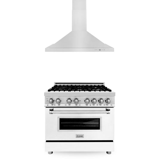 ZLINE 2-Appliance 36" Kitchen Package with Stainless Steel Dual Fuel Range with Matte White Door and Convertible Vent Range Hood