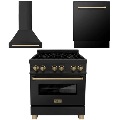 ZLINE 3-Appliance 30" Autograph Edition Kitchen Package with Black Stainless Steel Dual Fuel Range, Range Hood, and Dishwasher with Champagne Bronze Accents
