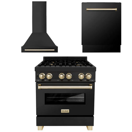ZLINE 3-Appliance 30" Autograph Edition Kitchen Package with Black Stainless Steel Dual Fuel Range, Range Hood, and Dishwasher with Polished Gold Accents