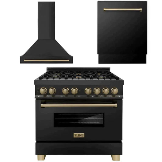 ZLINE 3-Appliance 36" Autograph Edition Kitchen Package with Black Stainless Steel Dual Fuel Range, Range Hood, and Dishwasher with Champagne Bronze Accents