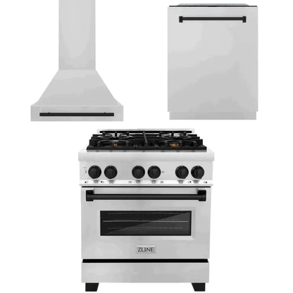 ZLINE 3-Appliance 30" Autograph Edition Kitchen Package with Stainless Steel Dual Fuel Range, Dishwasher and Range Hood with Matte Black Accents