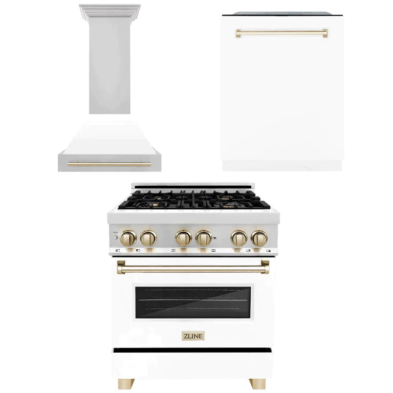 ZLINE 3-Appliance 30" Autograph Edition Kitchen Package with Stainless Steel Dual Fuel Range with Matte White Door, Range Hood, and Dishwasher with Polished Gold Accents