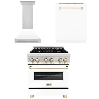 ZLINE 3-Appliance 30" Autograph Edition Kitchen Package with Stainless Steel Dual Fuel Range with Matte White Door, Range Hood, and Dishwasher with Polished Gold Accents