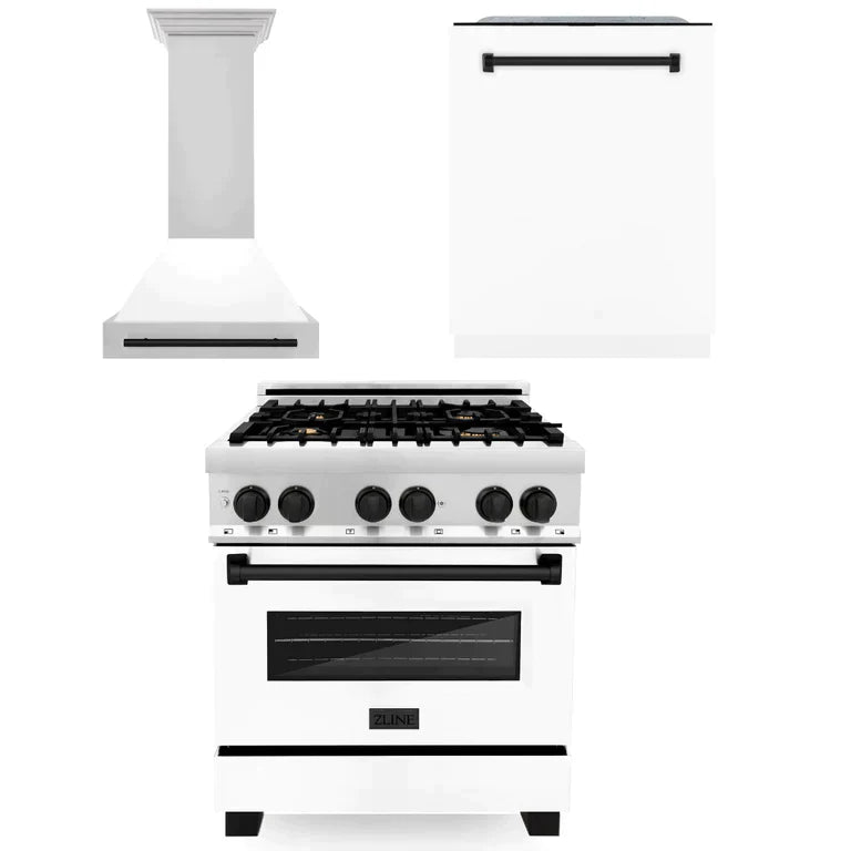 ZLINE 3-Appliance 30" Autograph Edition Kitchen Package with Stainless Steel Dual Fuel Range with White Matte Door, Range Hood, and Dishwasher with Matte Black Accents