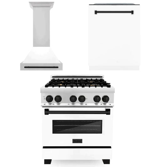 ZLINE 3-Appliance 30" Autograph Edition Kitchen Package with Stainless Steel Dual Fuel Range with White Matte Door, Range Hood, and Dishwasher with Matte Black Accents