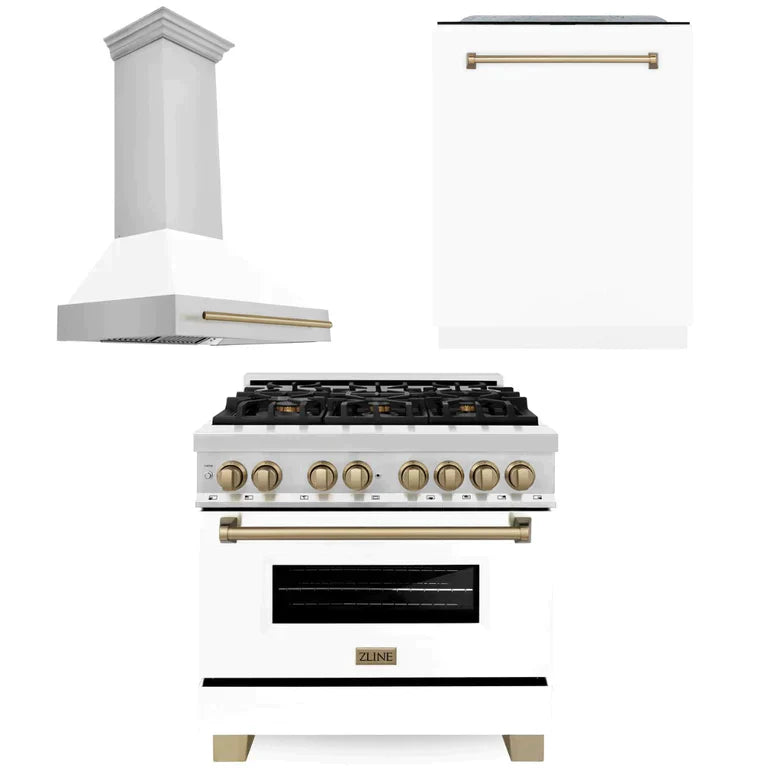ZLINE 3-Appliance 36" Autograph Edition Kitchen Package with Stainless Steel Dual Fuel Range with White Matte Door, Range Hood, and Dishwasher with Champagne Bronze Accents