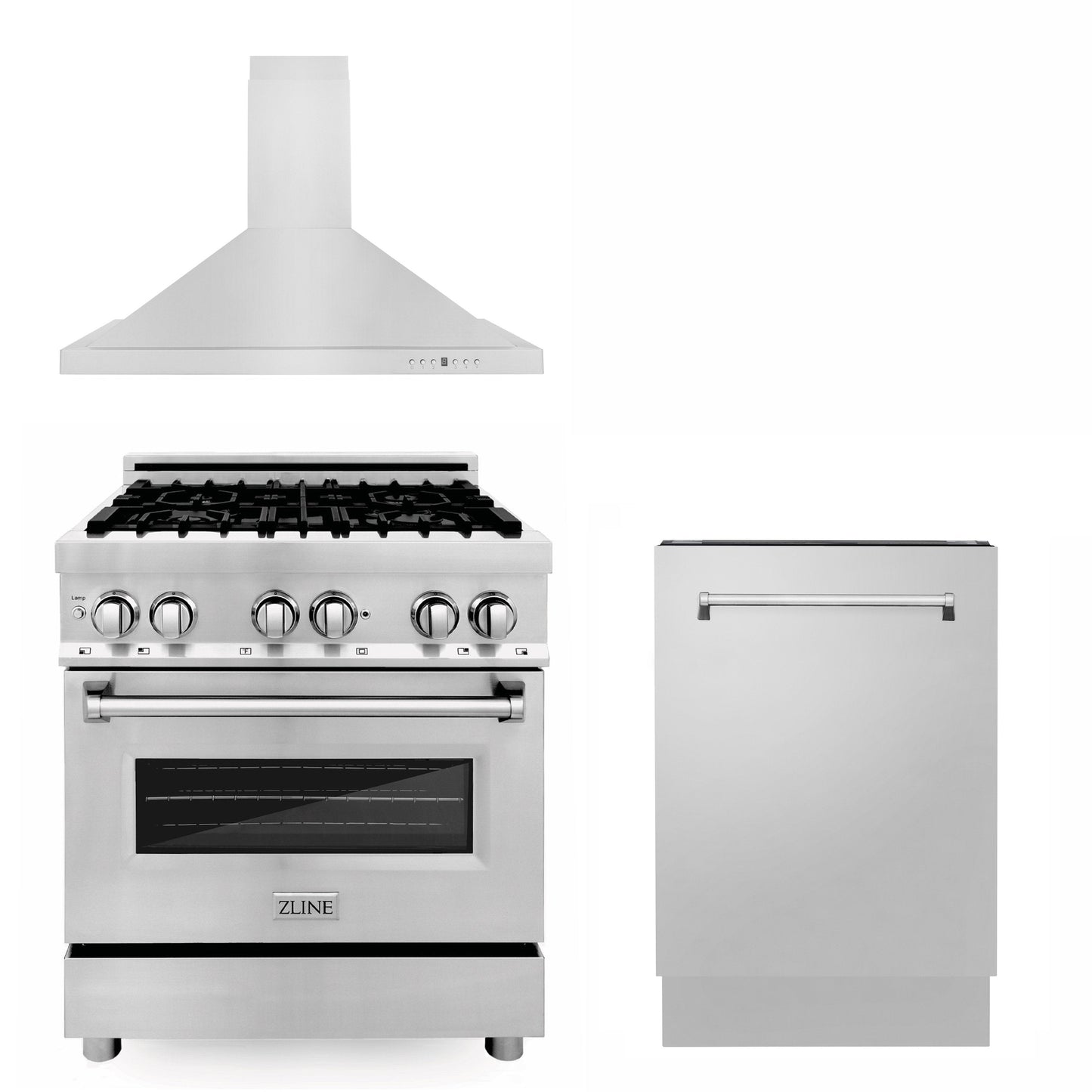 ZLINE 3-Appliance 30" Kitchen Package with Stainless Steel Dual Fuel Range, Convertible Vent Range Hood, and Dishwasher