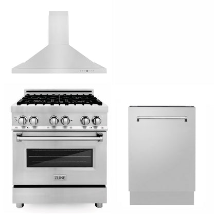 ZLINE 3-Appliance 30" Kitchen Package with Stainless Steel Dual Fuel Range, Convertible Vent Range Hood, and Dishwasher