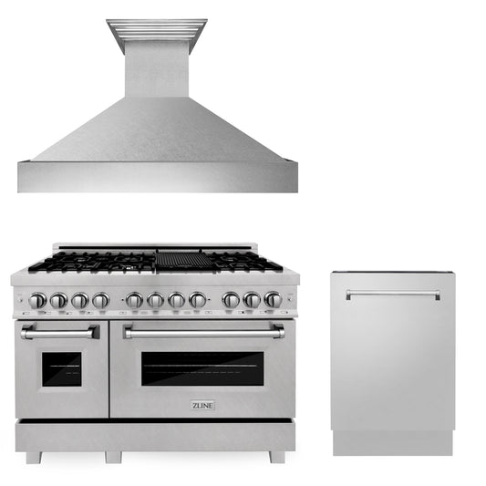 ZLINE 3-Appliance 48" Kitchen Package with DuraSnow Stainless Dual Fuel Range, Ducted Vent Range Hood, and Tall Tub Dishwasher