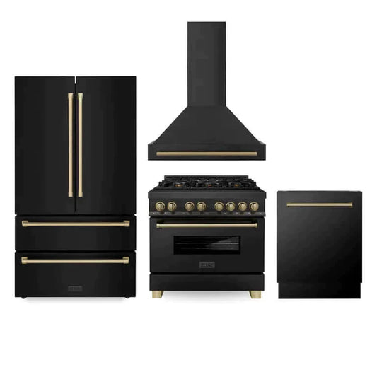 ZLINE 36" Autograph Edition 4 Appliance Package with Black Stainless Steel Dual Fuel Range, Range Hood, Dishwasher, and Refrigerator