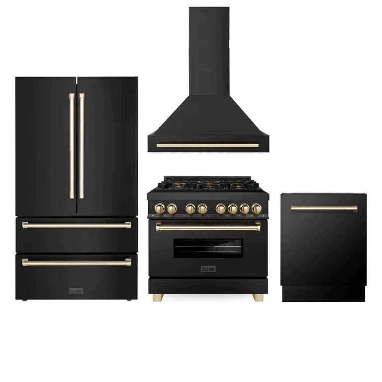 ZLINE 4-Appliance 36" Autograph Edition Kitchen Package with Black Stainless Steel Dual Fuel Range, Range Hood, Dishwasher, and Refrigeration with Polished Gold Accents