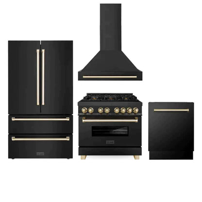 ZLINE 4-Appliance 36" Autograph Edition Kitchen Package with Black Stainless Steel Dual Fuel Range, Range Hood, Dishwasher, and Refrigeration with Polished Gold Accents