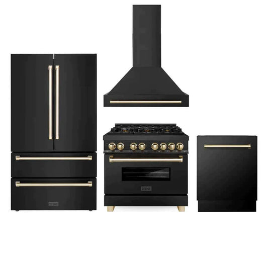 ZLINE 4-Appliance 36" Autograph Edition Kitchen Package with Black Stainless Steel Dual Fuel Range, Range Hood, Dishwasher, and Refrigeration with Polished Gold Accents