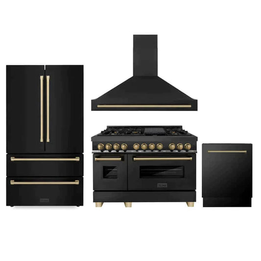 ZLINE 4-Appliance 48" Autograph Edition Kitchen Package with Black Stainless Steel Dual Fuel Range, Range Hood, Dishwasher, and Refrigeration with Champagne Bronze Accents