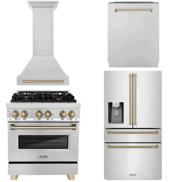 ZLINE 4-Appliance 30" Autograph Edition Kitchen Package with Stainless Steel Dual Fuel Range, Range Hood, Dishwasher, and Refrigeration Including External Water Dispenser with Champagne Bronze Accents