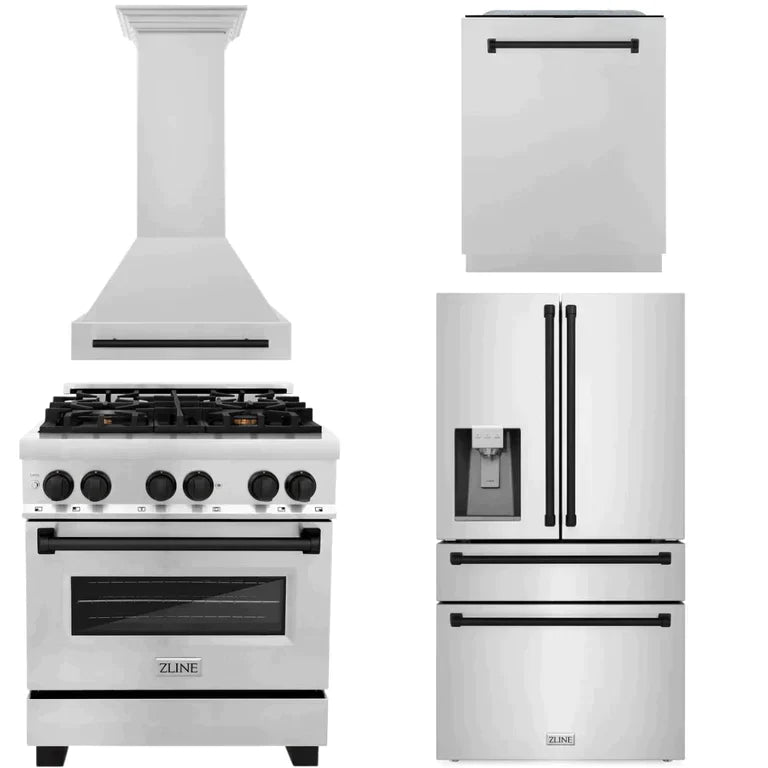 ZLINE 4-Appliance 30" Autograph Edition Kitchen Package with Stainless Steel Dual Fuel Range, Range Hood, Dishwasher, and Refrigeration Including External Water Dispenser with Matte Black Accents