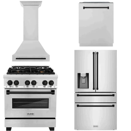 ZLINE 4-Appliance 30" Autograph Edition Kitchen Package with Stainless Steel Dual Fuel Range, Range Hood, Dishwasher, and Refrigeration Including External Water Dispenser with Matte Black Accents