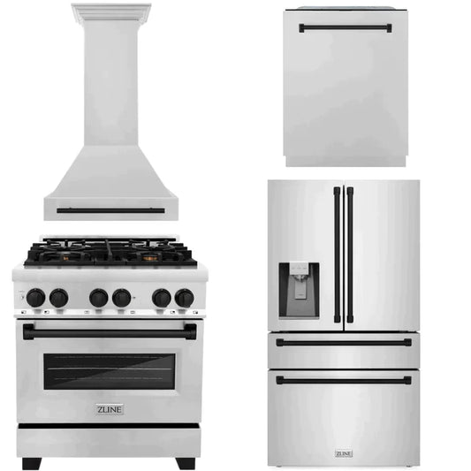 ZLINE 4-Appliance 30" Autograph Edition Kitchen Package with Stainless Steel Dual Fuel Range, Range Hood, Dishwasher, and Refrigeration Including External Water Dispenser with Matte Black Accents