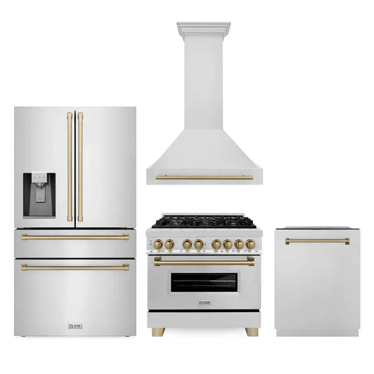 ZLINE 4-Appliance 36" Autograph Edition Kitchen Package with Stainless Steel Dual Fuel Range, Range Hood, Dishwasher, and Refrigeration Including External Water Dispenser with Champagne Bronze Accents