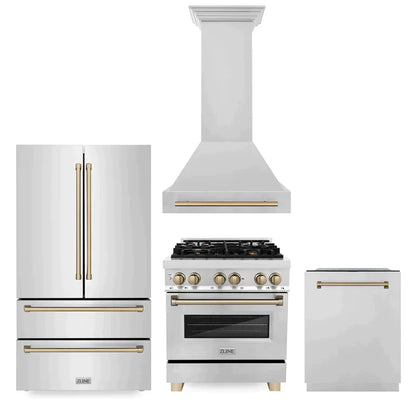 ZLINE 4-Appliance 30" Autograph Edition Kitchen Package with Stainless Steel Dual Fuel Range, Range Hood, Dishwasher, and Refrigeration with Champagne Bronze Accents